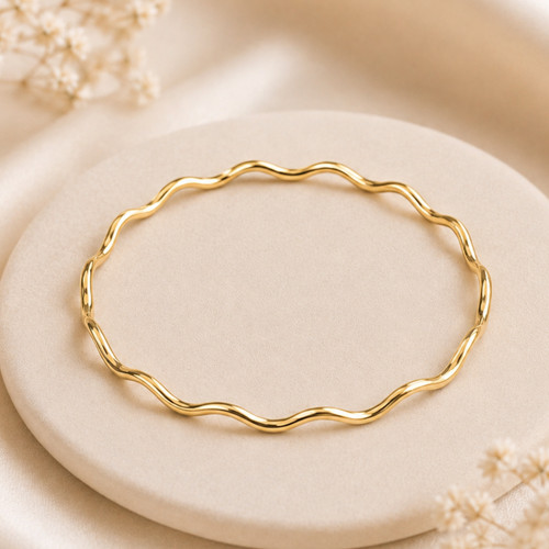 9ct solid gold wavy bangle - gold,